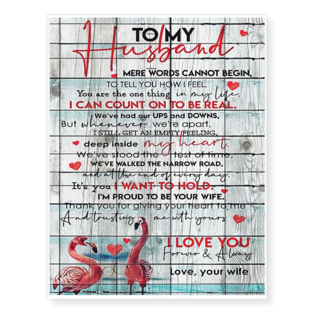 To My Husband Letter | Cute Flamingo Present Temporary Tattoos (Front)