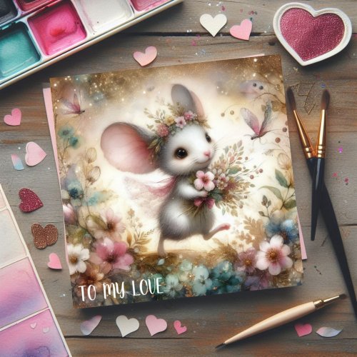 To My Love Whimsical Mouse Romantic Valentine  Holiday Card