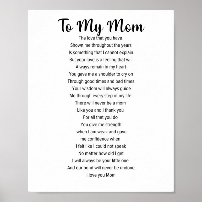To My Mom, Mother's Day Poem Poster (Front)