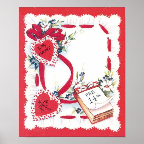 To My Teacher Vintage Valentines Day Love Hearts Poster