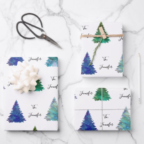 To Name Cursive Colorful Christmas Trees Wrapping Paper Sheets