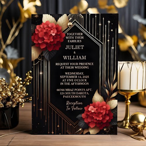 To Roses Garden Diamond Red Black And Gold Wedding Foil Invitation