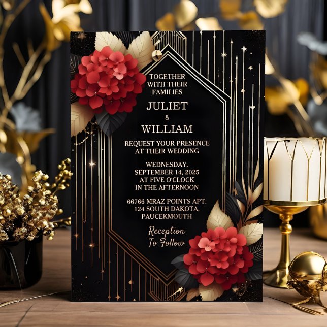 To Roses Garden Diamond Red Black And Gold Wedding Foil Invitation (Creator Uploaded)