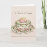 To Sister on Her Birthday Greeting Card<br><div class="desc">A beautiful,  birthday cake decorated with white and pink flowers and lit,  pink birthday candles. Greeting: To Sister on Her Birthday. Image of a Vintage Birthday Greeting card on a custom pale pink (pinky-orange) background.</div>