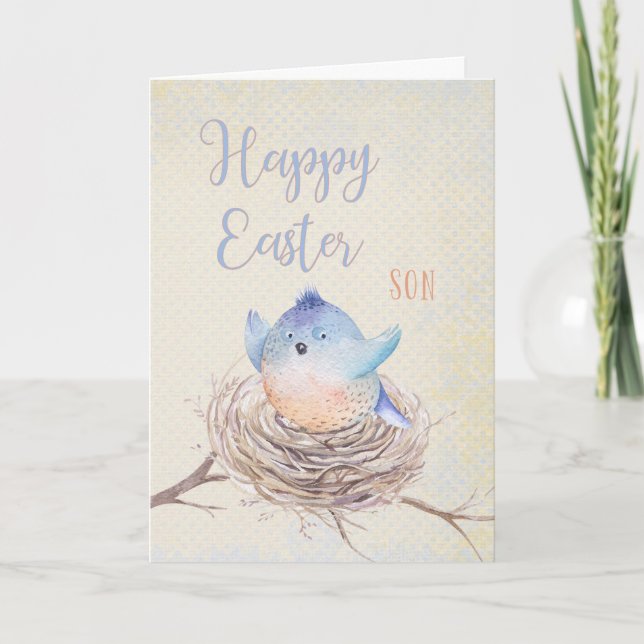 To Son Happy Easter Blue Bird in Nest Holiday Card (Front)