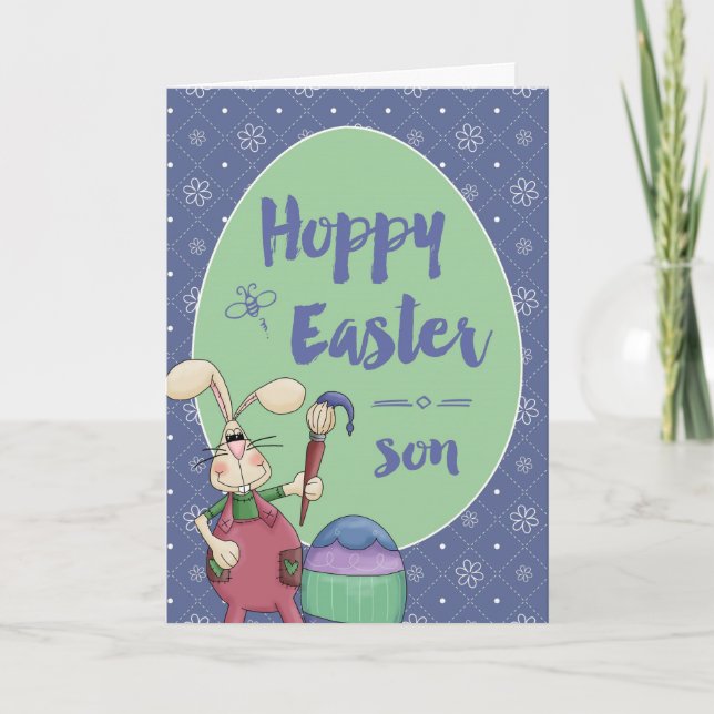 To Son, Hoppy Easter Bunny Artist painting egg Holiday Card (Front)
