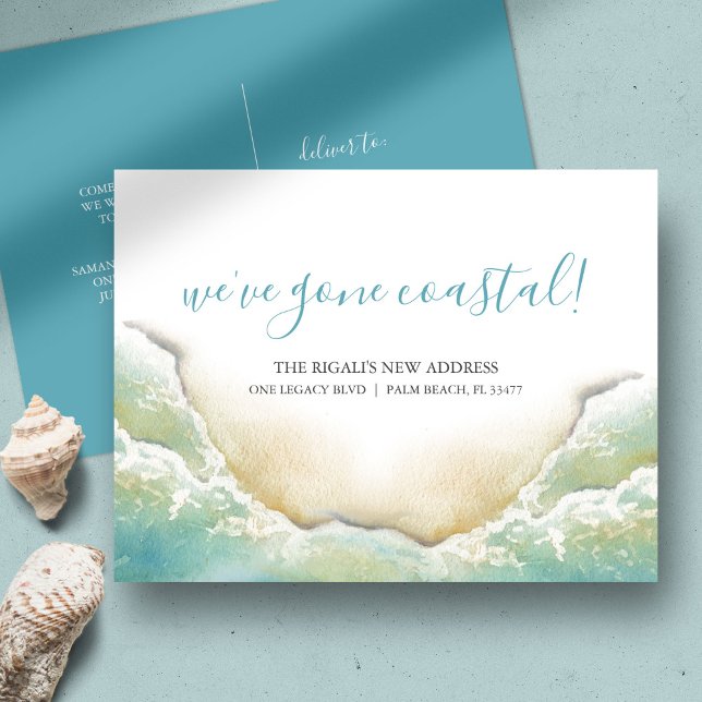 To The Beach New Address Moving Announcement Postcard (Moving announcement postcard features watercolor seashore art by Victoria Grigaliunas)