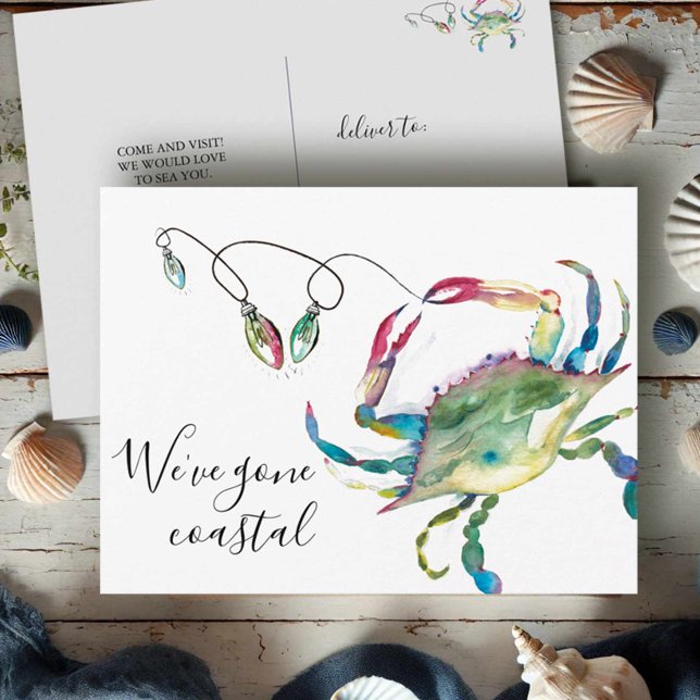 To The Beach New Home Moving Announcement Postcard (beach moving postcards watercolor blue crab with Christmas lights art by Victoria Grigaliunas)