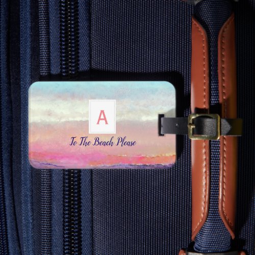 To The Beach Please Sunset Monogrammed Luggage Tag