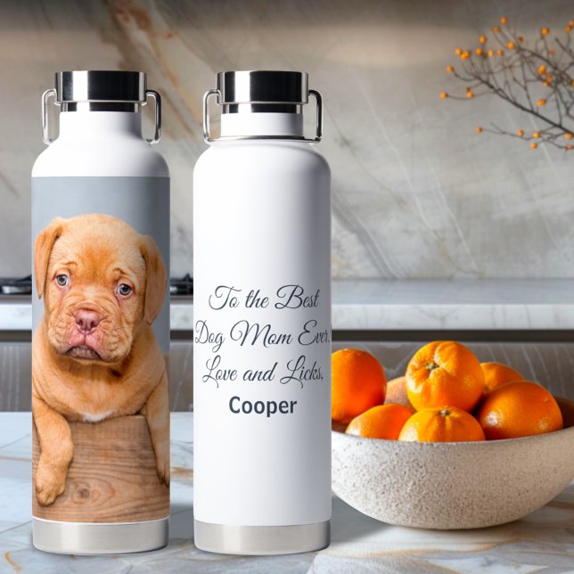 To the Best Dog Mom Ever Custom Photo and Text Water Bottle (Creator Uploaded)