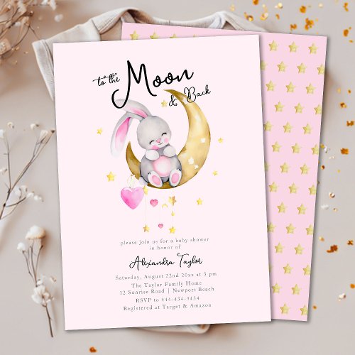 To The Moon  Back Rabbit Pink Girl Baby Shower Invitation