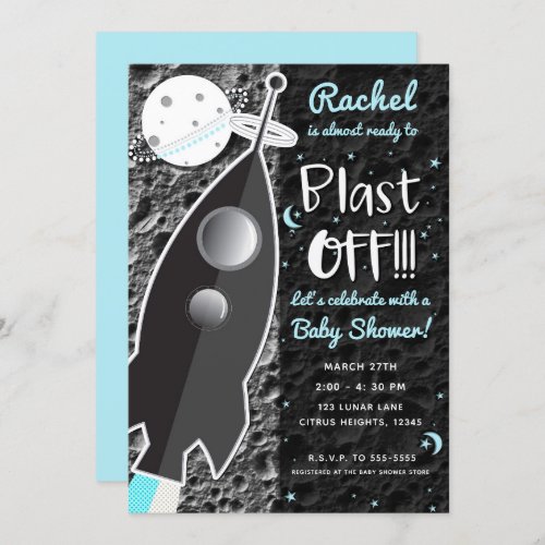 TO THE MOON Rocket Ship Space Baby Shower Invitation