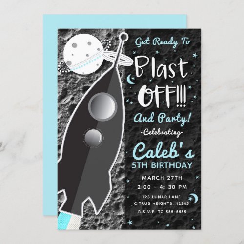 TO THE MOON Rocket Ship Space Birthday Party Invitation