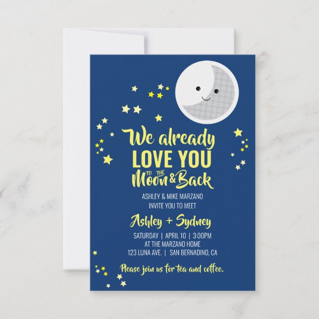 to the moon TWIN SIP & SEE baby shower YELLOW NAVY Invitation (Front)