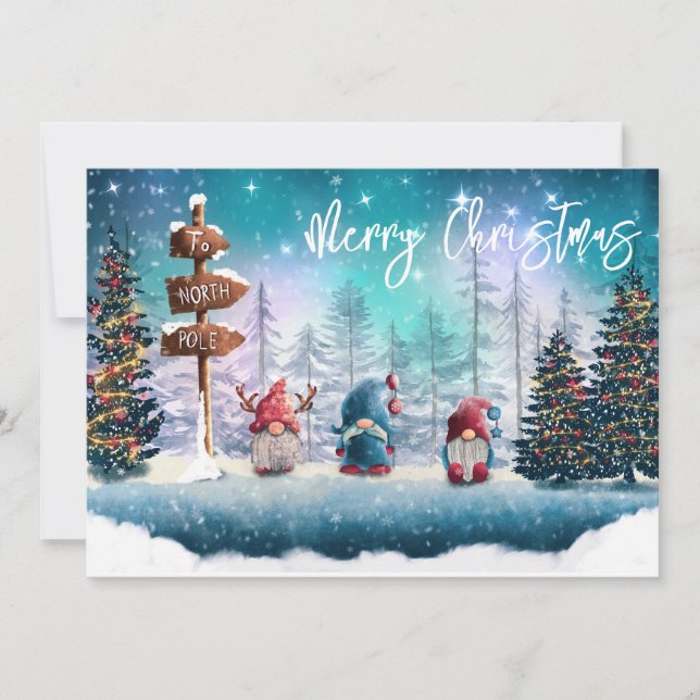 To the North Pole Christmas Gnomes  Holiday Card (Front)