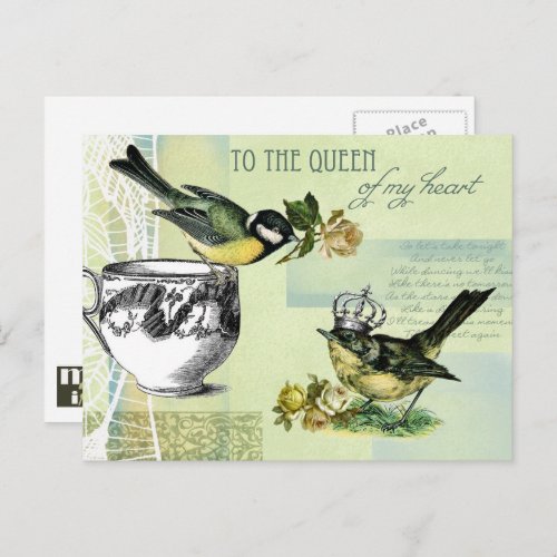 To the Queen of my heart Vintage Birds Collage Holiday Postcard