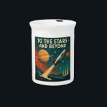 "To The Stars And Beyond" Vintage Space Travel  Beverage Pitcher<br><div class="desc">Discover the thrill of cosmic exploration with our "To The Stars And Beyond" vintage space art. This captivating design captures the timeless allure of retro science fiction, depicting a powerful rocket launching from a stylized alien world towards a majestic ringed planet. Perfect for adding a unique, nostalgic touch to your...</div>