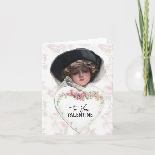 To Valentine Vintage Lady Hat Heart Rose Flower    Card