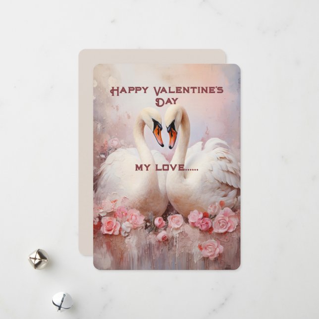 To White Swans Valentine's Day Greetings Holiday Card (Front/Back In Situ)