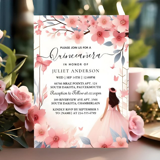 To Wood Tree Pink Girly Cherry Blossom Quinceanera Invitation (Creator Uploaded)