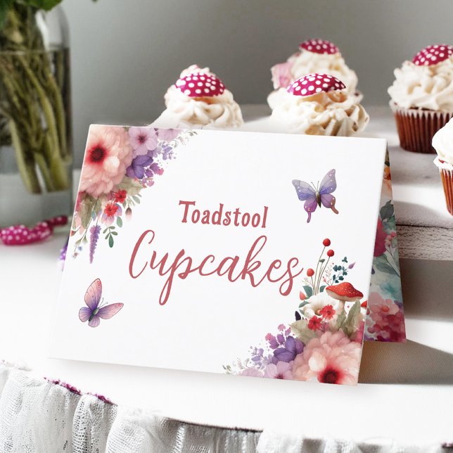 Toadstool Cupcakes Birthday Buffet Label Card (Toadstool Cupcakes Fairycore Birthday Party Food Buffet Card)