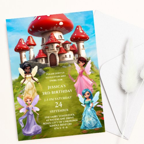 Toadstool fairy princess palace kid girl birthday  invitation