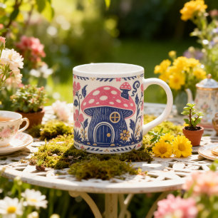 Toadstool Mushroom Cottage Folk Art Fairy Giant Coffee Mug