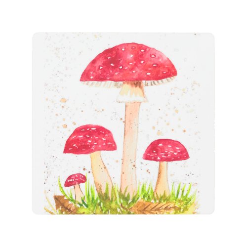 Toadstool Mushroom Forest watercolor Red Nature Metal Print