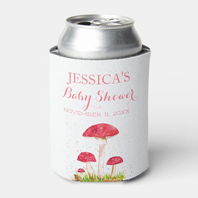 Toadstool Mushroom Watercolor Cute Baby Shower Can Cooler (Can Front)