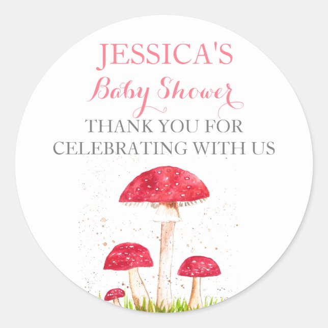 Toadstool Mushroom Watercolor Cute Baby Shower Classic Round Sticker (Front)