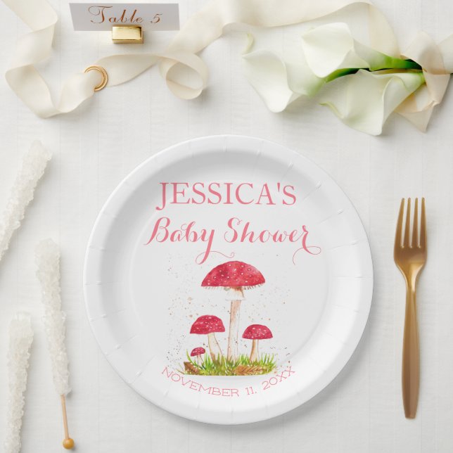 Toadstool Mushroom Watercolor Cute Baby Shower Paper Plates (Wedding)