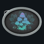 Toadstools in Bushes Belt Buckle<br><div class="desc">Mysterious,  bioluminescent,  hallucinogenic,  bright toadstools with bushes of marsh plants on night,  dark,  glowing background. Glowing mushrooms. Goblincore,  Mushroomcore, </div>