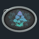 Toadstools in Bushes Belt Buckle<br><div class="desc">Mysterious,  bioluminescent,  hallucinogenic,  bright toadstools with bushes of marsh plants on night,  dark,  glowing background. Glowing mushrooms. Goblincore,  Mushroomcore, </div>