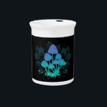 Toadstools in Bushes Beverage Pitcher<br><div class="desc">Mysterious,  bioluminescent,  hallucinogenic,  bright toadstools with bushes of marsh plants on night,  dark,  glowing background. Glowing mushrooms. Goblincore,  Mushroomcore, </div>