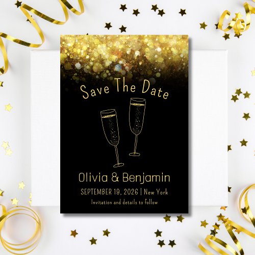 Toast  Gold Glitter Black Wedding Save The Date Invitation