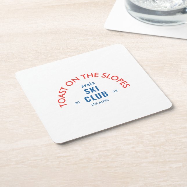 Toast On The Slopes Après Ski Club Red & Blue Square Paper Coaster (Angled)