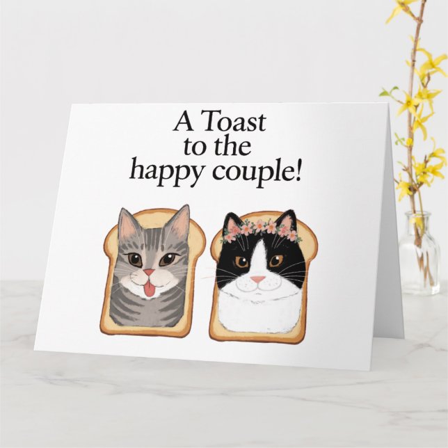 Toast To The Happy Couple Funny Cat Wedding Engage Card (Yellow Flower)