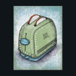 Toaster Postcard<br><div class="desc">Toaster in green and blue with 2 slices of white bread peeking out of the holes. This small kitchen appliance sits on a blue and green distressed striped background.</div>