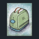 Toaster Postcard<br><div class="desc">Toaster in green and blue with 2 slices of white bread peeking out of the holes. This small kitchen appliance sits on a blue and green distressed striped background.</div>