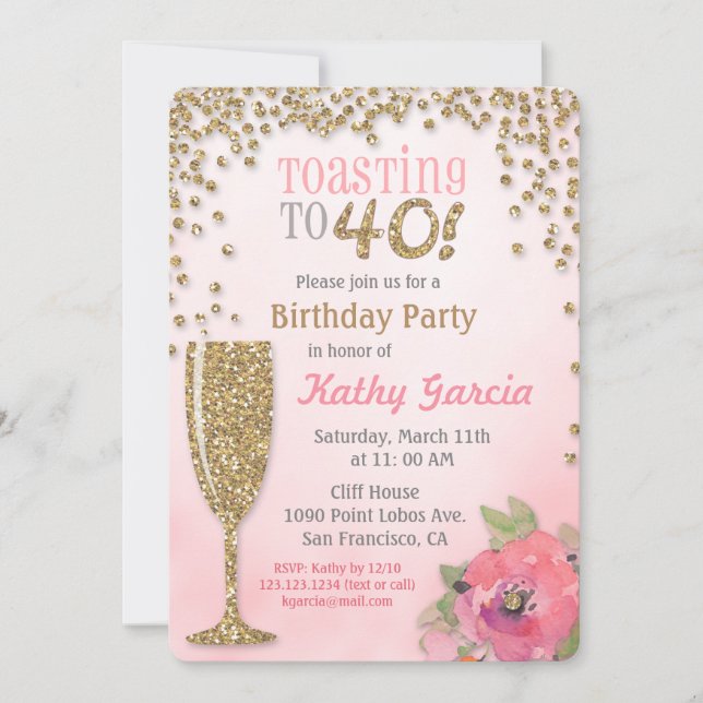 Toasting to 40 Birthday Champagne Invitation (Front)