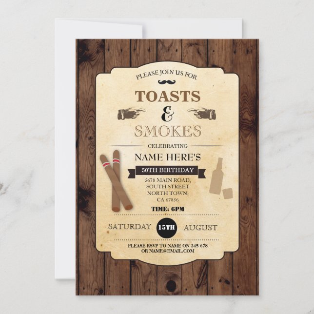 Toasts & Smokes Wood Birthday Party 50th Invite (Front)