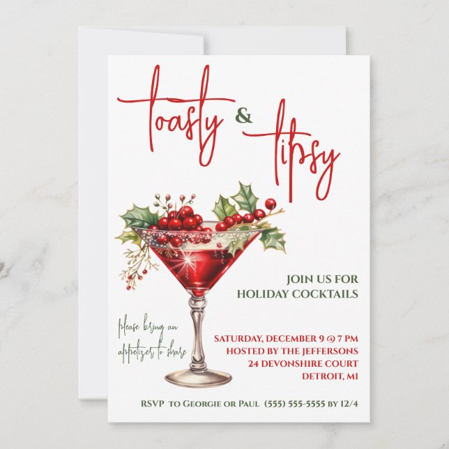 Toasty & Tipsy, Martini, Holiday Cocktail Party Invitation (Front)