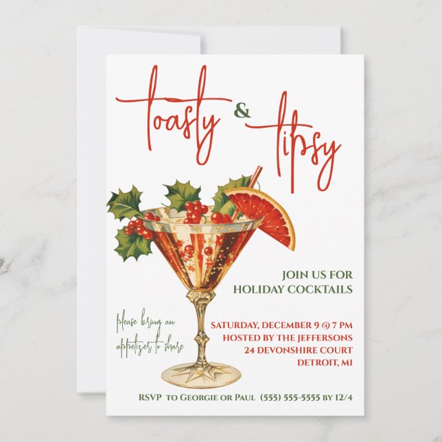 Toasty & Tipsy, Martini, Holiday Cocktail Party Invitation (Front)