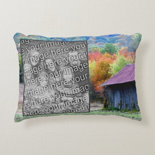 Tobacco Barn Autumn Foliage Add Your Photo Accent Pillow