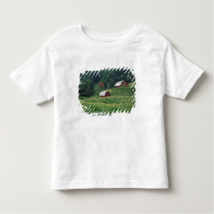 Tobacco crop and pair of red tobacco barns near toddler t-shirt