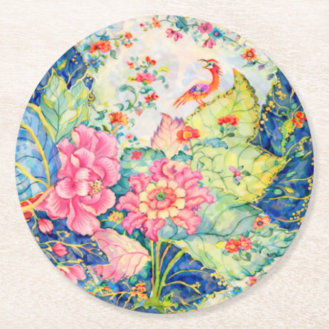 Tobacco Leaf China Pattern Inspired Round Paper Coaster (Front)