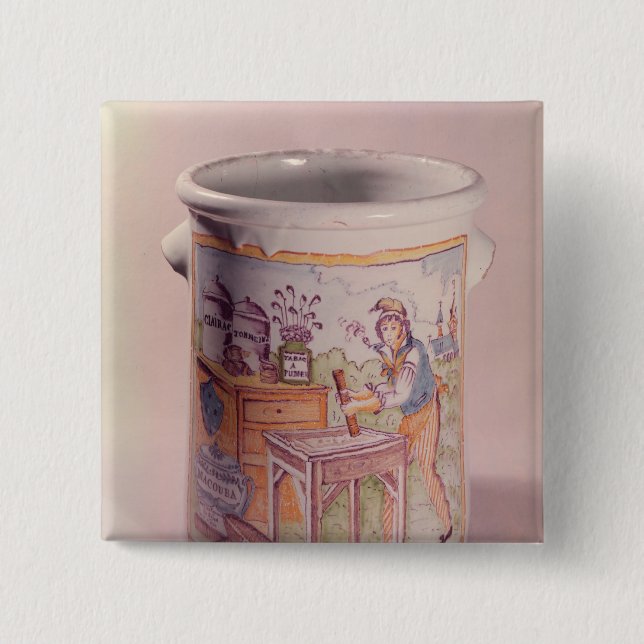 Tobacco pot depicting a tobacconist pinback button (Front)