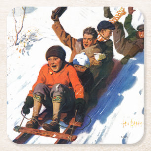 Tobagganing Square Paper Coaster