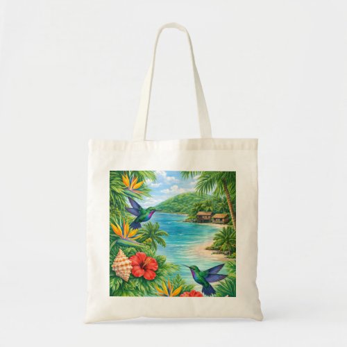 Tobago Tropical Beach, Hummingbirds & Hibiscus Tote Bag