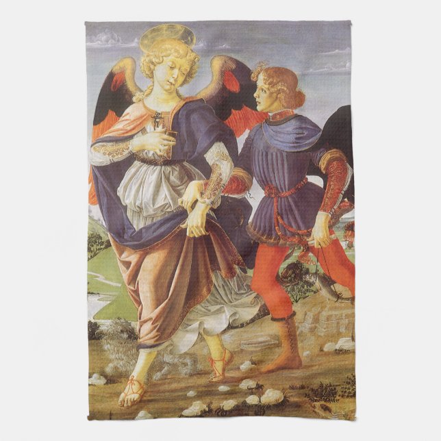 Tobias and the Angel by Andrea del Verrocchio Kitchen Towel (Vertical)